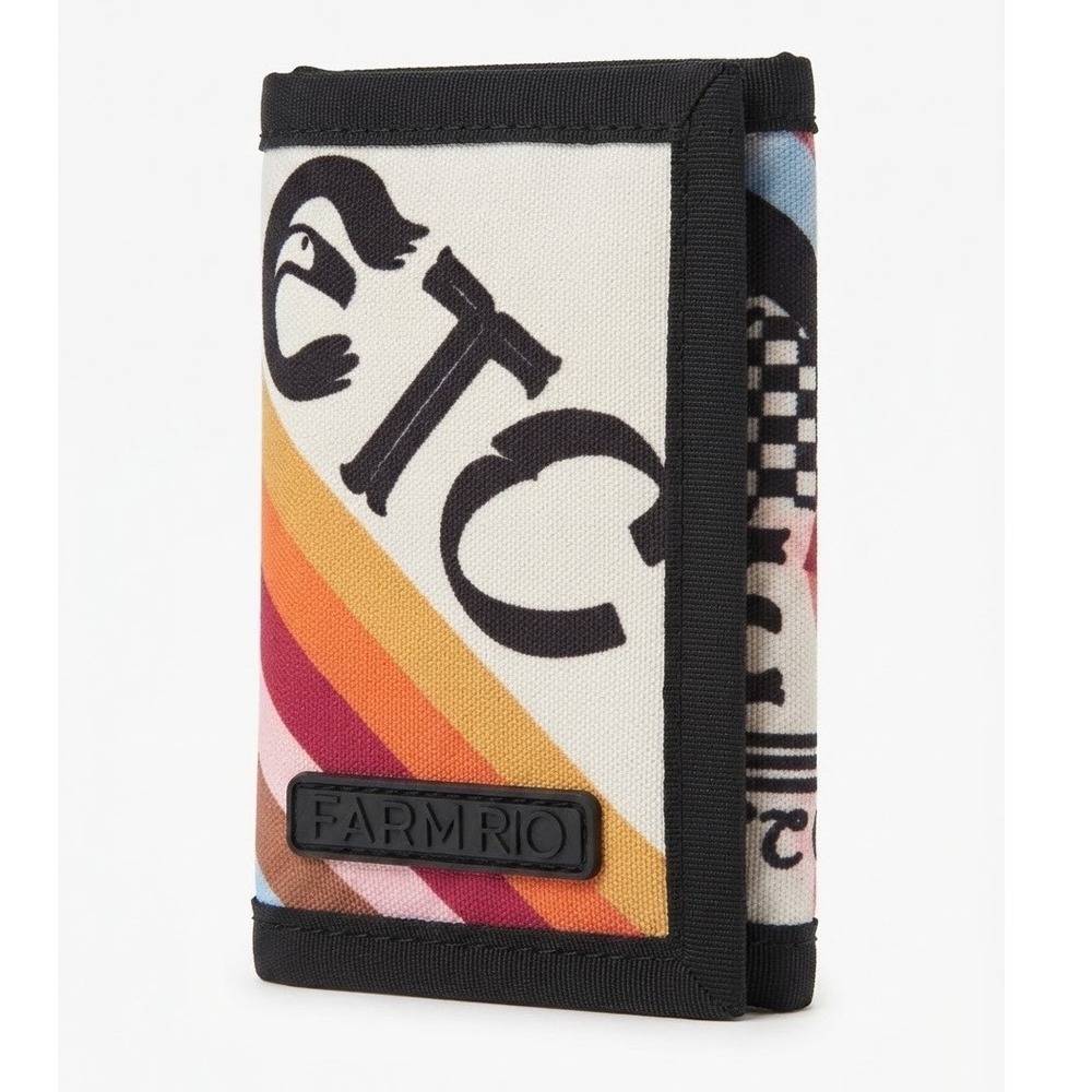 Farm Rio ETC Rainbow Stripe Trifold Canvas Wallet Multicolor Tropical Logo Boho